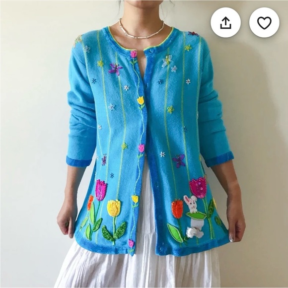 The Quacker Factory Sweaters - Vintage The Quaker Factory Blue Hand Embroidered Beaded Flowers Bunny Cardigan L